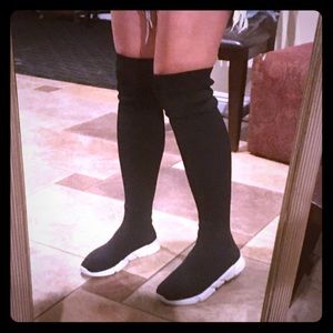 Thigh high stretch black sock shoes